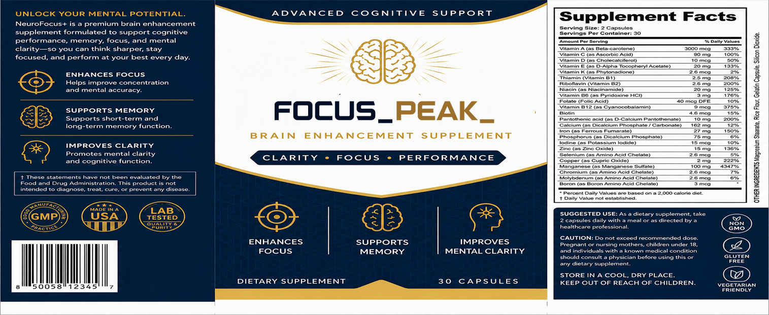 FocusPeak Supplement Facts — Full Ingredient Label